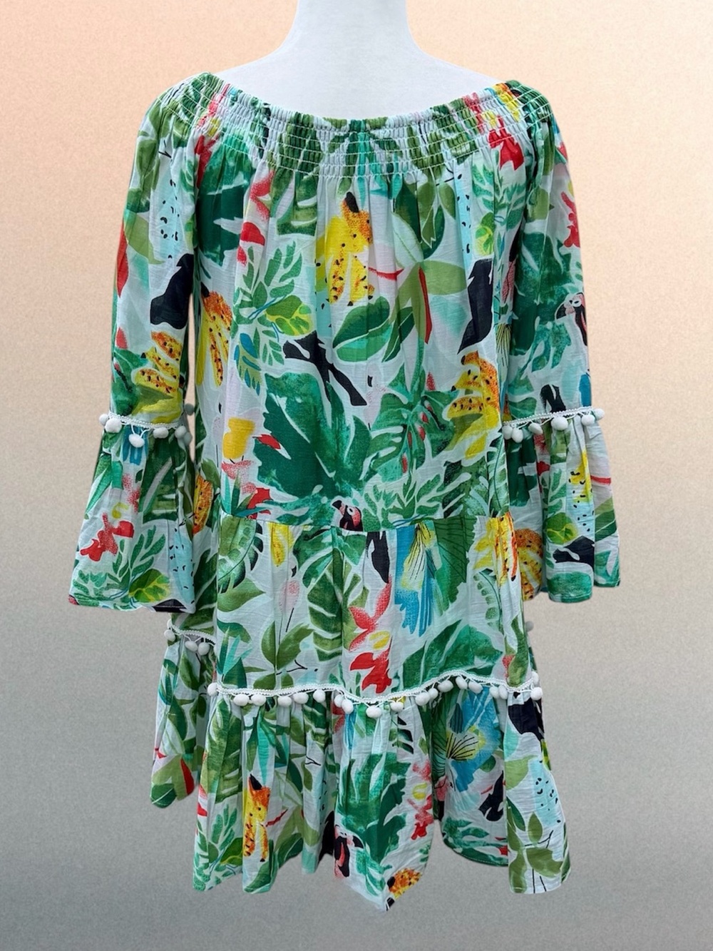 True Destinations Resort Wear Off-Shoulder Tropical Print Pom-Pom Dress, Medium - Picture 3 of 7